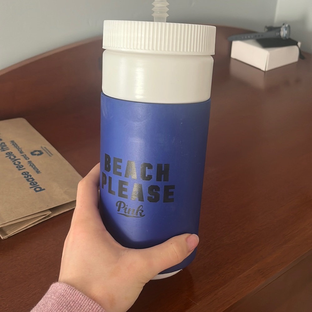 Victoria’s Secret pink beach water bottle with koozie